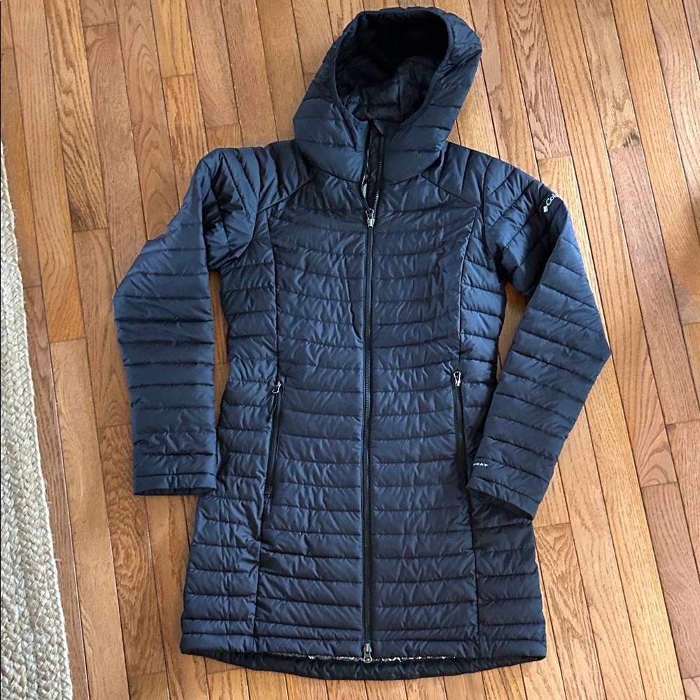 Women's Columbia Black Quilted Hooded Long Puffer Coat